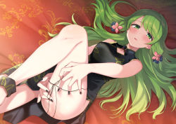 Rule 34 | 1girl, black dress, black nails, blurry, blush, breasts, china dress, chinese clothes, commentary, depth of field, dress, feet out of frame, gluteal fold, green eyes, green hair, hair ornament, highres, long hair, looking at viewer, lying, medium breasts, morinaka kazaki, nail polish, nijisanji, on back, on bed, open mouth, parted lips, sleeveless, solo, string, thighs, virtual youtuber, yuama (drop)