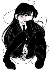 Rule 34 | black hair, controller, formal, houkago play, monochrome, necktie, pantyhose, suit, yellow eyes
