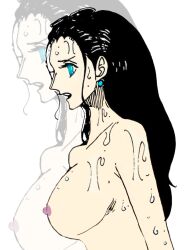 Rule 34 | aqua eyes, black hair, boobsgame, breasts, large breasts, manga page, nico robin, oiled, one piece, socks, wet