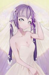 Rule 34 | 1girl, absurdres, alternate costume, aqua eyes, blush, breasts, bridal veil, cleavage, commentary, dress, english commentary, flower, genshin impact, hair ornament, highres, jewelry, long hair, looking at viewer, milil, mona (genshin impact), necklace, purple hair, signature, simple background, small breasts, solo, strapless, strapless dress, twintails, upper body, veil, wedding dress, white flower