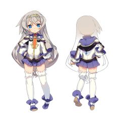 Rule 34 | &gt;:&lt;, 1girl, :&lt;, blade (galaxist), blue eyes, closed mouth, from behind, full body, grey hair, hairband, long hair, lucille aleister, multiple views, official art, pleated skirt, pop-up story, skirt, standing, thighhighs, transparent background, v-shaped eyebrows, very long hair, white thighhighs