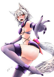 Rule 34 | 1girl, animal ears, armpits, bare shoulders, black nails, blush, breasts, claws, cosplay, elbow gloves, embarrassed, fangs, fate/grand order, fate (series), foreshortening, from side, fur, fur trim, gloves, halloween, halloween costume, highres, inubashiri momiji, inyuppo, lace, lace-trimmed legwear, lace trim, leg up, looking at viewer, looking to the side, mash kyrielight, mash kyrielight (dangerous beast), mash kyrielight (dangerous beast) (cosplay), medium breasts, nail polish, official alternate costume, open mouth, purple gloves, purple thighhighs, reaching, reaching towards viewer, red eyes, revealing clothes, shielder (fate/grand order) (cosplay), short hair, silver hair, slit pupils, solo, tail, thighhighs, touhou, white background, wolf ears, wolf girl, wolf tail