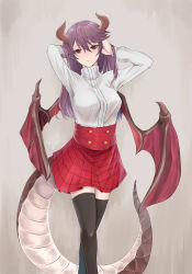 Rule 34 | 1girl, absurdres, adjusting hair, alternate hair length, alternate hairstyle, black thighhighs, breasts, commentary request, dragon girl, dragon horns, dragon tail, dragon wings, granblue fantasy, grea (shingeki no bahamut), grey background, highres, horns, large breasts, long hair, manaria friends, plaid, plaid skirt, pleated skirt, purple hair, red eyes, red skirt, shingeki no bahamut, shirt, skirt, solo, tail, thighhighs, white shirt, wings, yuuge ningen, zettai ryouiki