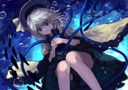 Rule 34 | 1girl, air bubble, aqua eyes, berabou, black hat, bow, bubble, constricted pupils, empty eyes, eyebrows, fish, green skirt, hat, hat bow, knees together feet apart, komeiji koishi, shirt, silver hair, skirt, solo, submerged, third eye, touhou, translation request, underwater, water, wide sleeves, yellow bow, yellow shirt