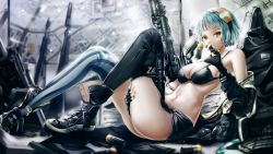 Rule 34 | 1girl, ankle boots, arm between legs, armpits, ass, assault rifle, asymmetrical legwear, bad id, bad pixiv id, bag, black bra, black gloves, black jacket, black shorts, blue hair, blurry, bob cut, boots, bra, breasts, character name, choker, cleavage, collarbone, covered mouth, cross-laced footwear, depth of field, earrings, explosive, eyes visible through hair, eyewear on head, fingerless gloves, garter straps, girls&#039; frontline, gloves, goggles, goggles on head, grenade, grenade launcher, gun, hand on own thigh, hand on thigh, highres, holding, holding grenade, holding gun, holding weapon, indoors, jacket, jewelry, kalashnikov rifle, lace-up boots, looking at viewer, lying, map, medium breasts, multicolored nails, nail polish, navel, off shoulder, orange eyes, orange goggles, photo (object), ribs, rifle, sack, scenery, shiny skin, short hair, short shorts, shorts, sideboob, single earring, solo, stomach, striped clothes, striped thighhighs, suppressor, thighhighs, thighs, underwear, uneven legwear, vertical-striped clothes, vertical-striped thighhighs, weapon, yp7 (vvy), zas m21 (girls&#039; frontline), zastava m21