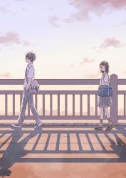 Rule 34 | 1boy, 1girl, absurdres, backlighting, bag, blush, breast pocket, brown footwear, closed mouth, cloud, collared shirt, cross-laced footwear, dot nose, evening, fence, from side, frown, furrowed brow, glasses, gradient sky, hand up, hands in pockets, highres, huge filesize, itunohika, jitome, loafers, original, outdoors, pants, pleated skirt, pocket, profile, school bag, school uniform, shadow, shirt, shoes, short hair, short sleeves, shoulder bag, skirt, sky, sneakers, socks, sweat, walking, white footwear, white shirt, wing collar