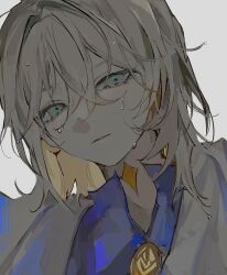 Rule 34 | 1boy, albedo (genshin impact), blonde hair, blue eyes, blue shirt, coat, genshin impact, hair between eyes, highres, light brown hair, long hair, looking at viewer, male focus, open mouth, scar, scar on neck, shirt, simple background, solo, tehettenandayo, vision (genshin impact), wet, wet hair, white coat