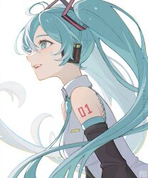Rule 34 | 1girl, :d, ahoge, black sleeves, blue eyes, blue hair, blue necktie, breasts, collared shirt, detached sleeves, frilled shirt, frills, hair between eyes, hair ornament, hatsune miku, headset, highres, leaning forward, long hair, long sleeves, medium breasts, necktie, number tattoo, open mouth, pili 0, shirt, sidelocks, simple background, sleeveless, sleeveless shirt, smile, solo, tattoo, teeth, twintails, upper body, upper teeth only, very long hair, vocaloid, watermark, white background, white shirt