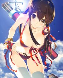Rule 34 | 10s, 1girl, akagi (kancolle), bikini, black thighhighs, blush, breasts, brown eyes, brown hair, cleavage, cloud, cowboy shot, day, front-tie bikini top, front-tie top, gloves, hair between eyes, highres, kantai collection, large breasts, leaning forward, leg up, long hair, looking at viewer, nakamura takeshi, outdoors, partially fingerless gloves, partly fingerless gloves, quiver, red bikini, side-tie bikini bottom, sidelocks, sky, smile, solo, sun, swimsuit, thighhighs, tying, yugake