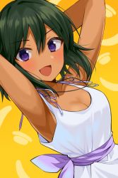 Rule 34 | 1girl, :d, arm behind head, arms up, bad id, bad pixiv id, bare arms, bare shoulders, blush, breasts, cleavage, commentary request, dark-skinned female, dark skin, dress, gomashi (goma), green hair, hair between eyes, highres, idolmaster, idolmaster cinderella girls, jewelry, looking at viewer, medium breasts, natalia (idolmaster), open mouth, orange background, pendant, purple eyes, purple ribbon, ribbon, sleeveless, sleeveless dress, smile, solo, upper body, v-shaped eyebrows, white dress