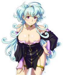 Rule 34 | 1girl, ahoge, areola slip, bare shoulders, black dress, blue hair, blush, braid, breasts, cagliostro (symphogear), choker, cleavage, closed mouth, collarbone, cowboy shot, dress, hair between eyes, hand on own hip, hand on own thigh, large breasts, leaning forward, light smile, long hair, long sleeves, looking at viewer, no bra, pink eyes, purple eyes, revealing clothes, sameha ikuya, senki zesshou symphogear, silhouette, simple background, smile, solo, strapless, strapless dress, very long hair, white background