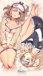 Rule 34 | 2girls, ;d, atelier (series), atelier ryza, atelier ryza 1, bare legs, barefoot, blonde hair, braid, breasts, bright pupils, brown eyes, brown hair, cleavage, copyright notice, green eyes, highres, klaudia valentz, large breasts, long hair, long sleeves, lying, multiple girls, off-shoulder sweater, off shoulder, official art, on back, on side, one eye closed, open mouth, pajamas, pillow, pillow grab, reisalin stout, short hair, side braid, sleep mask, smile, sweater, toridamono, white pupils