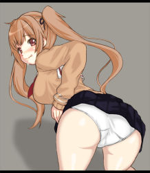 Rule 34 | 10s, 1girl, :p, ass, bent over, blue skirt, blush, brown eyes, from behind, grey background, hair ribbon, hand on own hip, kantai collection, kurogane daichi, letterboxed, long hair, long sleeves, looking at viewer, looking back, murasame (kancolle), nose blush, orange hair, panties, pantyshot, ribbon, sailor collar, school uniform, simple background, skirt, solo, sweatdrop, tongue, tongue out, twintails, underwear, upskirt, white panties
