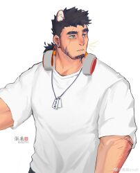 Rule 34 | 1boy, absurdres, animal ears, artist request, bara, beard stubble, cat ears, eyebrow cut, facial hair, headphones, headphones around neck, highres, long sideburns, looking to the side, low ponytail, male focus, mature male, muscular, muscular male, original, scar, scar across eye, shirt, short ponytail, sideburns, solo, stubble, t-shirt, thick eyebrows, upper body
