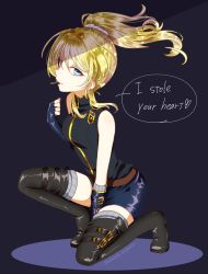 Rule 34 | 1girl, ayase eli, bad id, bad pixiv id, between legs, black background, black footwear, black jacket, blonde hair, blue eyes, blue gloves, blue skirt, boots, elbow gloves, english text, fingerless gloves, floating hair, full body, gloves, grey thighhighs, hair between eyes, hair ornament, hair scrunchie, hand between legs, jacket, long hair, love live!, love live! school idol festival, love live! school idol project, miniskirt, mouth hold, niro (sikabanekurui), on one knee, pencil skirt, scrunchie, shiny clothes, skirt, sleeveless, sleeveless jacket, solo, speech bubble, thigh boots, thighhighs, twitter username, white scrunchie, zettai ryouiki