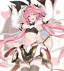 Rule 34 | 1boy, ;d, animal ears, armor, armpits, astolfo (fate), astolfo (saber) (fate), chibi, detached sleeves, fang, fate/grand order, fate (series), faulds, fujimaru ritsuka (male), gloves, hair intakes, heart, long hair, male focus, midriff, miniskirt, navel, nidy, one eye closed, open mouth, pink eyes, pink hair, rabbit ears, rabbit pose, riyo (lyomsnpmp) (style), sheath, sheathed, skirt, smile, solo focus, strapless, sword, thighhighs, trap, tube top, twintails, very long hair, weapon, zettai ryouiki