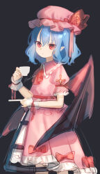 Rule 34 | 1girl, ascot, bat wings, black background, black wings, blue hair, bow, closed mouth, cup, expressionless, feet out of frame, frilled shirt collar, frilled sleeves, frills, hair between eyes, hand up, hat, hat ribbon, highres, holding, holding cup, holding saucer, looking to the side, meisa, mob cap, pink hat, pointy ears, puffy short sleeves, puffy sleeves, red ascot, red bow, red eyes, red ribbon, red wings, remilia scarlet, ribbon, saucer, short hair, short sleeves, signature, simple background, solo, standing, teacup, touhou, unfinished, wing collar, wings, wrist cuffs, wrist ribbon