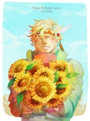 Rule 34 | 1boy, blonde hair, bouquet, caesar anthonio zeppeli, dated, facial mark, feather hair ornament, feathers, fingerless gloves, flower, gloves, feather hair ornament, happy birthday, headband, jojo no kimyou na bouken, male focus, shiayang, solo, sunflower