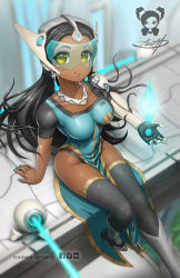 Rule 34 | 1girl, arm at side, arm support, black hair, black thighhighs, blue-tinted eyewear, blue dress, boots, breasts, brown lips, chair, closed mouth, cyborg, dark-skinned female, dark skin, dress, earrings, forehead jewel, groin, headgear, high heel boots, high heels, hologram, jewelry, knee boots, lips, lipstick, long hair, looking at viewer, louie h, makeup, mechanical arms, medium breasts, nail polish, overwatch, overwatch 1, pelvic curtain, side slit, signature, single mechanical arm, sitting, solo, symmetra (overwatch), thighhighs, tinted eyewear, twitter username, visor, watermark, web address, yellow eyes