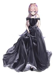 Rule 34 | 1girl, alternate costume, bare shoulders, black choker, black dress, black footwear, blue eyes, blue hair, choker, colored tips, commentary, dress, frilled dress, frills, genshin impact, gloves, half gloves, high heels, high ponytail, highres, horns, long hair, looking down, multicolored hair, off-shoulder dress, off shoulder, pink hair, purple gloves, sangonomiya kokomi, shoes, simple background, solo, two-tone hair, very long hair, white background, yueling