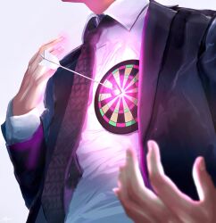 Rule 34 | 1boy, arrow (projectile), black jacket, blurry, blurry foreground, collared shirt, commentary request, dartboard, head out of frame, heart, heart print, highres, jacket, long sleeves, male focus, necktie, original, print necktie, shirt, simple background, solo, utsusemi rari, white shirt