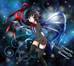 Rule 34 | 1girl, arms behind back, asymmetrical wings, bad id, bad pixiv id, black hair, black thighhighs, blush, bow, dress, female focus, highres, houjuu nue, night, night sky, pointy ears, polearm, red eyes, short hair, short sleeves, sky, smile, snake, solo, star (symbol), thighhighs, touhou, trident, weapon, wings, yuiyuimoe
