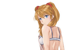 Rule 34 | 1girl, apron, artist request, bare shoulders, blue eyes, bra, brown hair, evangelion: 2.0 you can (not) advance, female focus, highres, long hair, looking at viewer, looking back, neon genesis evangelion, rebuild of evangelion, shiny skin, solo, souryuu asuka langley, sports bra, twintails, two side up, underwear, upper body, white background