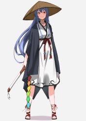 Rule 34 | 1girl, absurdres, adapted costume, ajirogasa, blue hair, blush, breasts, brown hat, closed mouth, danboru (jdanboru1182), full body, hat, highres, hinanawi tenshi, holding, holding sword, holding weapon, katana, lips, long hair, medium breasts, rainbow order, red eyes, robe, sandals, sheath, sheathed, simple background, smile, solo, standing, sword, touhou, very long hair, weapon, white background, white robe
