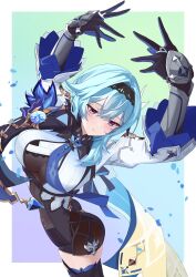 Rule 34 | 1girl, black gloves, black hairband, blue background, blue cape, blue gloves, blue hair, blue necktie, boots, border, breasts, cape, chest harness, closed mouth, clothing cutout, cowboy shot, dancing, eula (genshin impact), falling petals, genshin impact, gloves, gradient background, green background, hair between eyes, hair ornament, hairband, harness, head tilt, high-waist shorts, highres, large breasts, long sleeves, looking down, medium hair, necktie, orange eyes, petals, purple background, purple eyes, ryoku tyaba, shorts, shoulder cutout, side cape, sidelocks, solo, thigh boots, two-tone eyes, two-tone gloves, vision (genshin impact), white border, white sleeves, wide sleeves