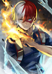 Rule 34 | 1boy, ashes, blue eyes, blue jumpsuit, boku no hero academia, burn scar, cryokinesis, fire, grey eyes, hair between eyes, hand up, harness, heterochromia, highres, ice, jumpsuit, long bangs, looking at viewer, male focus, multicolored hair, parted lips, pyrokinesis, red hair, scar, scar on face, serious, sleeves rolled up, smoke, solo, split-color hair, steam, straight hair, todoroki shouto, tonbanlove, twitter username, two-tone hair, upper body, v-shaped eyebrows, white hair
