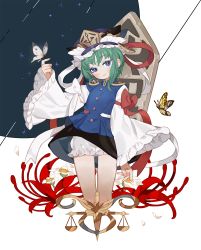 Rule 34 | 1girl, black skirt, bloomers, blue eyes, bug, butterfly, cowboy shot, flower, green hair, gwayo, hat, highres, insect, rod of remorse, shiki eiki, skirt, solo, spider lily, touhou, underwear, weighing scale, white background, wide sleeves