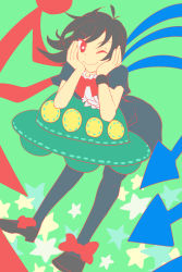 Rule 34 | 1girl, black dress, black footwear, black pantyhose, black sleeves, bow, closed mouth, dress, flying, green background, hands on own face, highres, holding, houjuu nue, looking at viewer, nayozane (worker7), no headwear, one eye closed, pantyhose, red bow, red eyes, red neckwear, shoes, short hair, short sleeves, smile, solo, star (symbol), touhou, ufo, wings, wristband