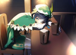 Rule 34 | 1boy, aqua eyes, aqua hair, bar (place), beer mug, black hair, blush, braid, cape, chair, commentary, cup, feet out of frame, flower, genshin impact, gloves, gradient hair, green cape, green hat, hat, hat flower, highres, indoors, kkopoli, looking at viewer, lying, male focus, mug, multicolored hair, pantyhose, sitting, solo, symbol-only commentary, twin braids, venti (genshin impact), white gloves, white pantyhose