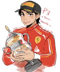 Rule 34 | 1boy, animification, baseball cap, black hat, black jacket, brown eyes, carlos sainz, character name, ferrari, formula one, hat, highres, holding, holding trophy, jacket, logo, looking at viewer, male focus, pirelli, puma (brand), real life, red jacket, rexin shimin shuang xiansheng, simple background, smile, solo, trophy, upper body, white background
