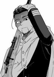 1boy bolt_action cloak commentary_request facial_hair facial_scar goatee golden_kamuy greyscale gun hair_slicked_back hand_on_own_head heterochromia highres male_focus military_uniform monochrome moonlight_0423 ogata_hyakunosuke rifle scar scar_on_cheek scar_on_face solo twitter_username upper_body weapon