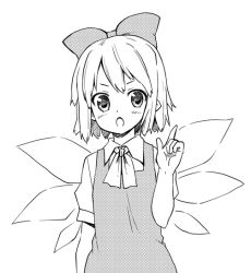 Rule 34 | 1girl, :o, bow, cirno, female focus, greyscale, hair bow, kannazuki hato, monochrome, open mouth, pointing, pointy ears, short hair, simple background, solo, touhou, white background, wings