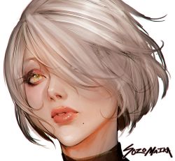 Rule 34 | 1girl, artist name, eyebrows, eyelashes, face, female focus, hair over one eye, high collar, highres, lips, lipstick, looking at viewer, makeup, mole, mole under mouth, nier (series), nose, parted lips, pink lips, short hair, simple background, solo, sozomaika, white hair, 2b (nier:automata)