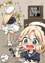 Rule 34 | + +, 2girls, black jacket, black neckerchief, blonde hair, blue eyes, blue sailor collar, comiching, commentary request, dancing, dress, food, gloves, hat, highres, jacket, janus (kancolle), jervis (kancolle), kantai collection, long hair, multiple girls, nattou, neckerchief, parted bangs, sailor collar, sailor dress, sailor hat, short hair, short sleeves, standing, standing on one leg, television, upper body, white dress, white gloves, white headwear