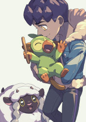 Rule 34 | 1boy, bad id, bad pixiv id, black pants, black shirt, blue jacket, bright pupils, closed mouth, commentary request, creatures (company), dark-skinned male, dark skin, fur-trimmed jacket, fur trim, game freak, gen 8 pokemon, grookey, highres, holding, holding pokemon, holding stick, hop (pokemon), jacket, komame (st beans), male focus, nintendo, open clothes, open jacket, pants, pokemon, pokemon (creature), pokemon swsh, purple hair, shirt, short hair, sleeves past elbows, smile, stick, white pupils, wooloo, yellow eyes