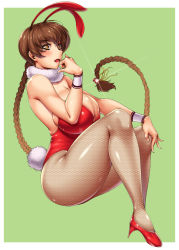 Rule 34 | 1girl, ameoto, animal ears, braid, breasts, brown eyes, brown hair, cleavage, dead or alive, fake animal ears, fishnet pantyhose, fishnets, high heels, huge breasts, kasumi (doa), leotard, open mouth, pantyhose, playboy bunny, rabbit ears, rabbit tail, red footwear, single braid, solo, tail, wrist cuffs