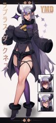 Rule 34 | 1girl, :d, aged up, ahoge, alternate breast size, ankle cuffs, black dress, black panties, boots, breasts, collar, demon horns, dress, expressions, fang, hair between eyes, high heel boots, high heels, highres, hololive, horns, la+ darknesss, large breasts, long hair, metal collar, multicolored hair, multiple views, open mouth, panties, parted lips, purple hair, purple thighhighs, shaded face, silver hair, single thighhigh, skin fang, smile, streaked hair, thighhighs, unbeller, underwear, v-shaped eyebrows, very long hair, virtual youtuber, yellow eyes