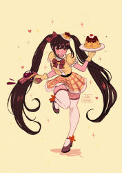 Rule 34 | 1girl, alternate costume, alternate hairstyle, artist name, belt, black belt, black hair, blush, bow, collared shirt, commentary, danganronpa (series), danganronpa v3: killing harmony, dress shirt, english commentary, food, food on head, food request, frills, frown, full body, gloves, gun, hair bow, hair ornament, harukawa maki, heart, holding, holding gun, holding weapon, leg up, long hair, looking at viewer, missarilicious, mole, mole under eye, object on head, pudding, puffy short sleeves, puffy sleeves, red bow, red eyes, red neckwear, shirt, shoes, short sleeves, skirt, solo, sparkle, standing, standing on one leg, thighhighs, twintails, very long hair, weapon, white gloves, white thighhighs, zettai ryouiki