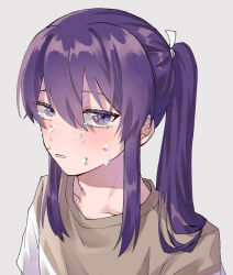 Rule 34 | 1boy, blush, casual, collarbone, crying, ensemble stars!, from above, grey background, hair between eyes, haruko 21, highres, kanzaki souma, long hair, looking at viewer, looking up, male focus, motoyui, parted lips, ponytail, portrait, purple eyes, purple hair, raised eyebrows, shirt, sidelocks, simple background, solo, t-shirt, tears