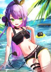 Rule 34 | 1girl, alternate costume, alternate hairstyle, blush, breasts, cloud, commentary request, demon tail, green eyes, headband, highres, hololive, looking at viewer, navel, ocean, open mouth, palm leaf, pointy ears, purple hair, shorts, sky, small breasts, solo, tail, tokoyami towa, tokoyami towa (1st costume), virtual youtuber, yaya (88cha)