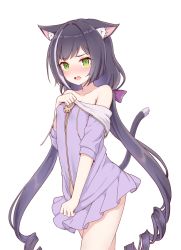 Rule 34 | 1girl, animal ear fluff, animal ears, bare legs, bare shoulders, black hair, blush, bow, cardigan, cat ears, cat tail, d:, drill hair, embarrassed, fang, furrowed brow, green eyes, hair bow, isao (wasamoti), karyl (princess connect!), long hair, multicolored hair, nose blush, open mouth, princess connect!, simple background, skirt, solo, streaked hair, tail, very long hair, white background, white hair, zipper