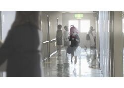 5girls absurdres ahoge backpack bag blazer blue_eyes blurry blurry_foreground bow bowtie exit_sign grey_skirt hallway highres indoors jacket looking_to_the_side medium_hair medium_skirt multiple_girls original pink_hair red_bow red_bowtie school school_uniform shibaarata_(bat4763) skirt socks solo_focus walking white_socks