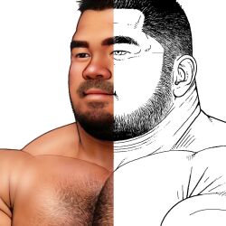 Rule 34 | 1boy, bara, beard, facial hair, fat, fat man, full beard, jiraiya (mangaka), large pectorals, looking ahead, male focus, mature male, muscular, muscular male, mustache stubble, original, partially colored, pectorals, portrait, realistic, short hair, smile, solo, split theme, stubble, thick chest hair, thick eyebrows, ugly man