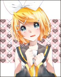 Rule 34 | 1girl, black sailor collar, black sleeves, blonde hair, blue eyes, bow, collared shirt, detached sleeves, hair bow, hair ornament, hairclip, heart, kagamine rin, looking at viewer, manya sora, neckerchief, open mouth, sailor collar, sailor shirt, shirt, short hair, sleeveless, sleeveless shirt, solo, swept bangs, upper body, vocaloid, wavy mouth, white background, white bow, yellow neckerchief