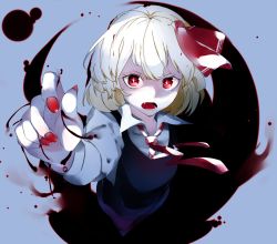Rule 34 | 1girl, blonde hair, blood, blood on hands, blue background, collared shirt, dress, fang, hair ribbon, highres, ikurauni, long sleeves, looking at viewer, nail polish, necktie, outstretched arm, pinafore dress, purple dress, red eyes, red nails, red necktie, red ribbon, ribbon, rumia, shirt, short hair, simple background, sleeveless dress, solo, teeth, touhou, upper body, white shirt, wing collar