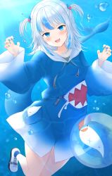 Rule 34 | 1girl, :d, absurdres, air bubble, animal costume, bad id, bad pixiv id, bloop (gawr gura), blue eyes, blue hair, blue hoodie, blunt bangs, blush, bubble, claw pose, feet out of frame, fins, fish tail, freediving, gawr gura, gawr gura (1st costume), hair ornament, highres, hololive, hololive english, hood, hoodie, long sleeves, looking at viewer, medium hair, multicolored hair, open mouth, shark costume, shark girl, shark hair ornament, shark tail, sharp teeth, shoes, silver hair, smile, sneakers, solo, streaked hair, tail, teeth, tomori meme, two side up, underwater, virtual youtuber, white footwear, wide sleeves